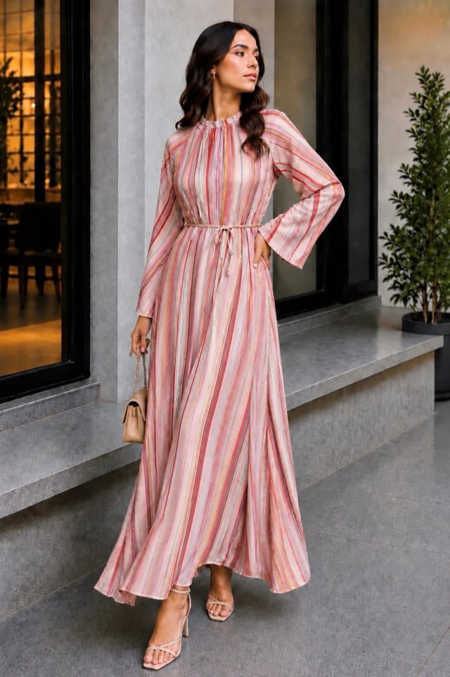 Çizgili Yakası Lastikli Elbise MA10068 Pembe
