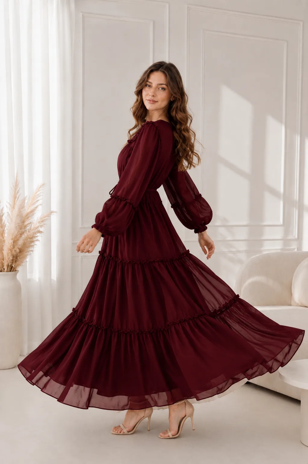 Şifon Elbise Bordo
