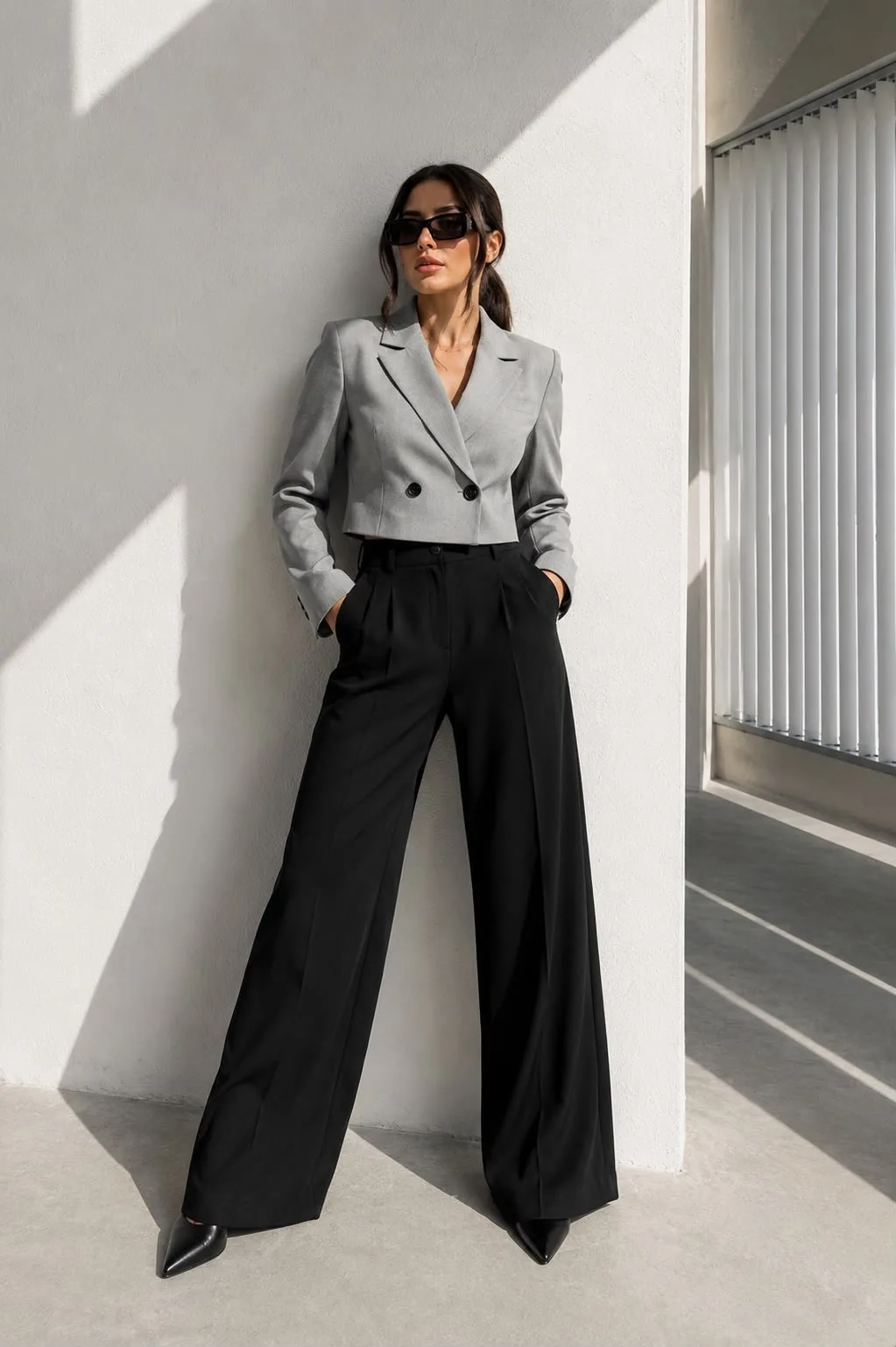 Crop Düğmeli Blazer Ceket Açık Gri