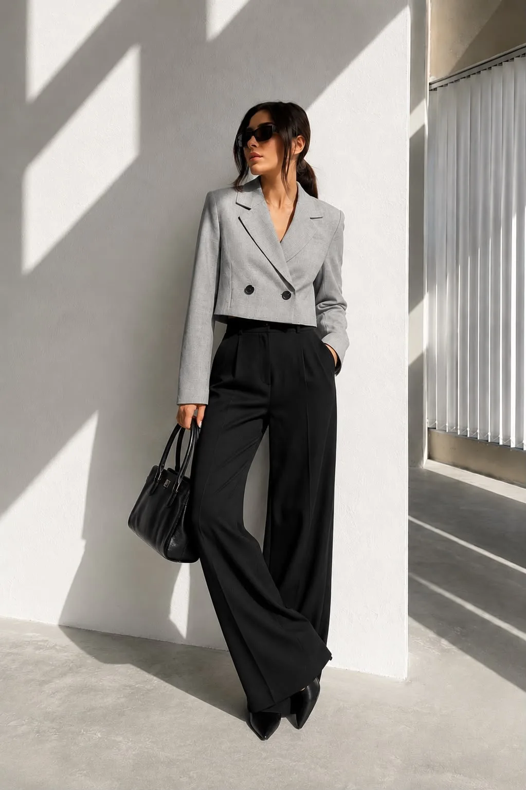 Crop Düğmeli Blazer Ceket Açık Gri