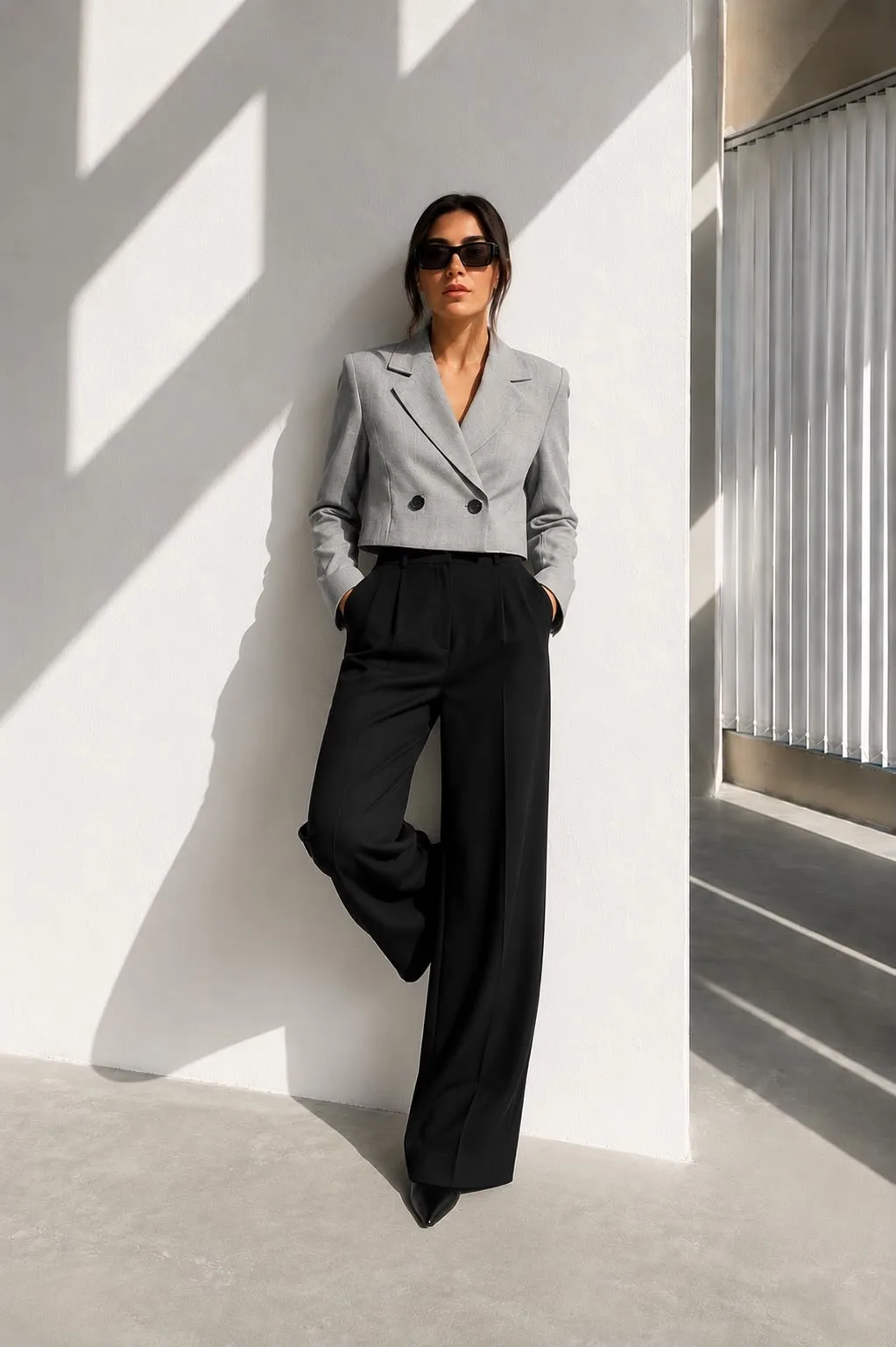 Crop Düğmeli Blazer Ceket Açık Gri