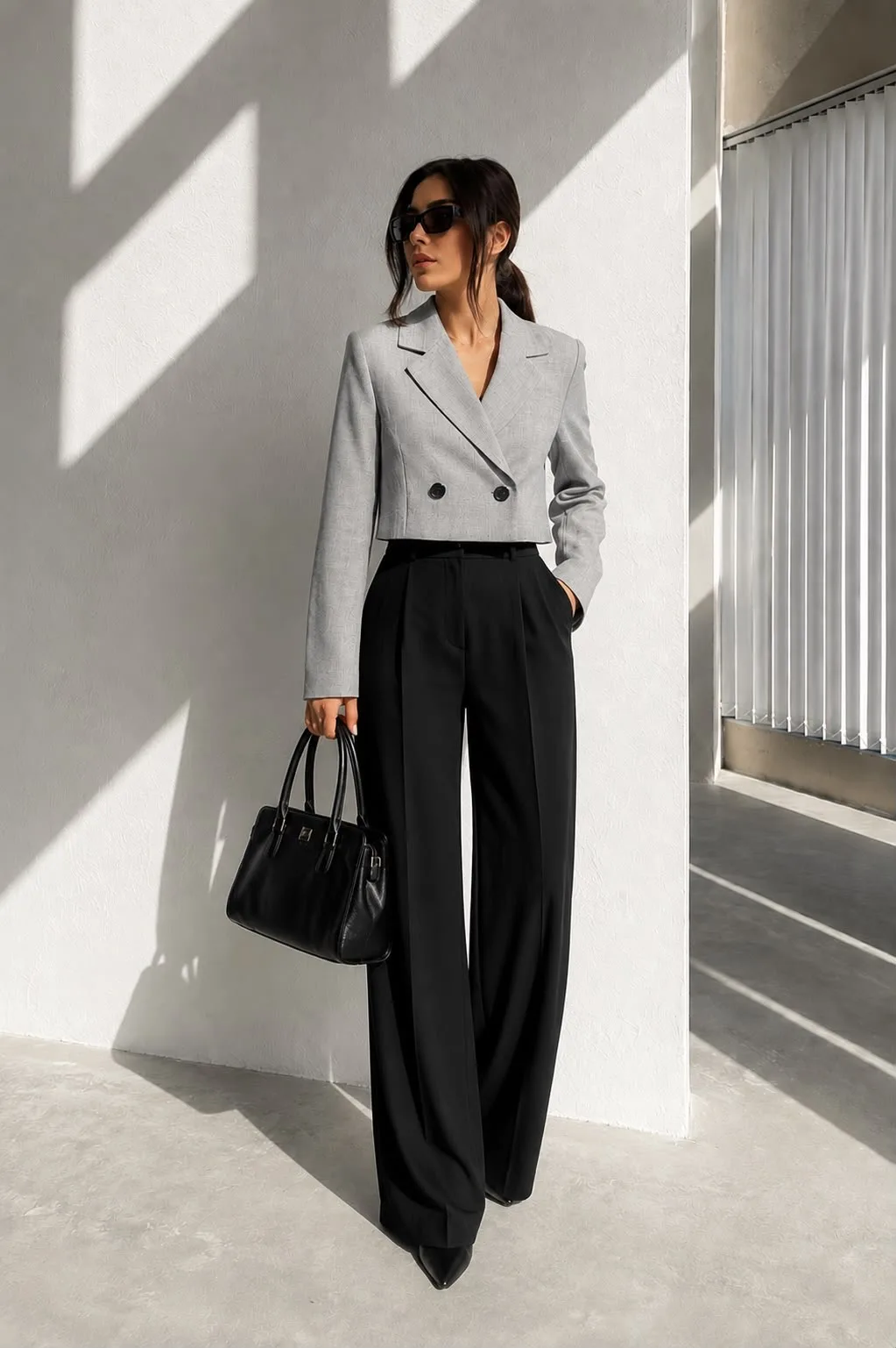 Crop Düğmeli Blazer Ceket Açık Gri