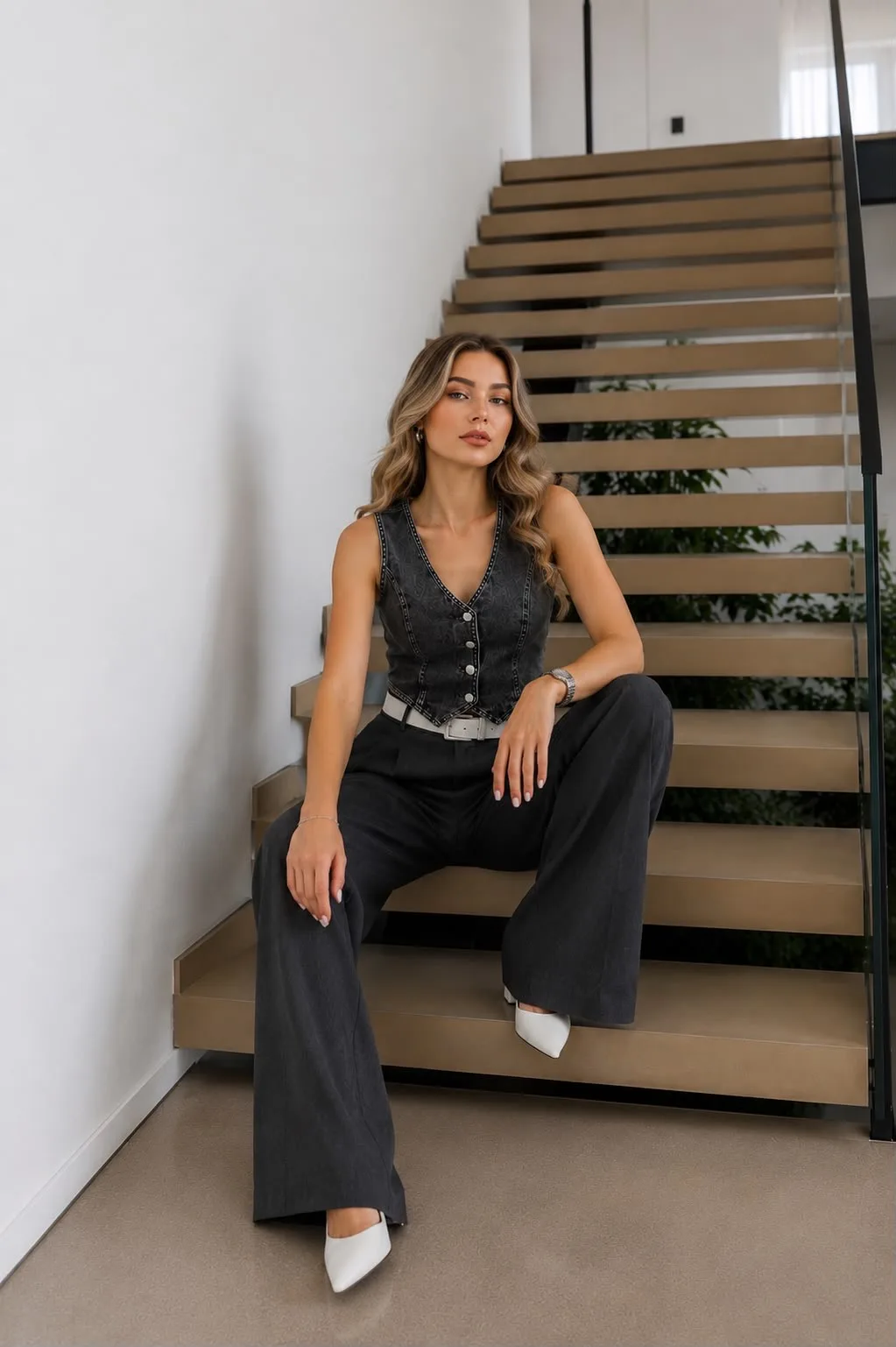 V Yaka Kısa Kot Yelek Antrasit