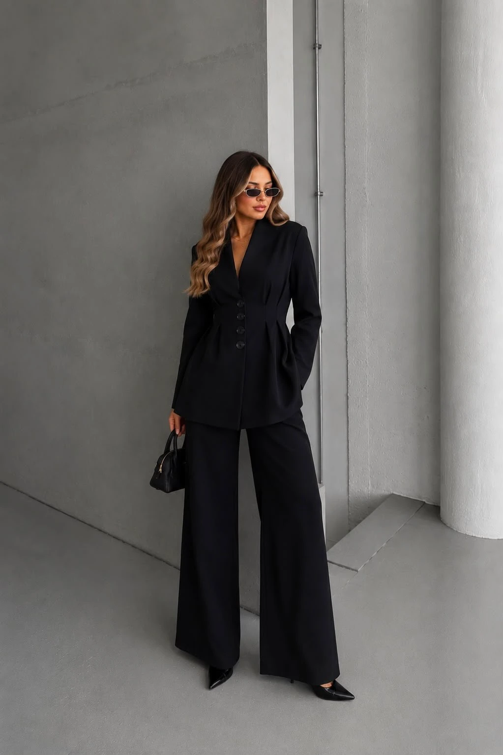 Belden Oturtmalı Blazer Ceketli Takım Siyah