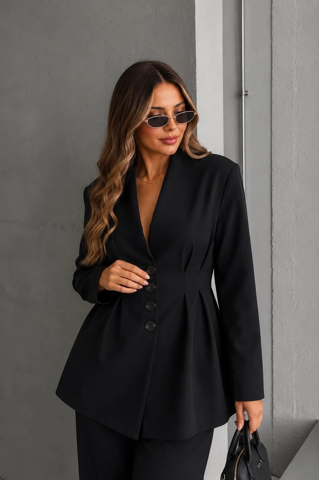 Belden Oturtmalı Blazer Ceketli Takım Siyah