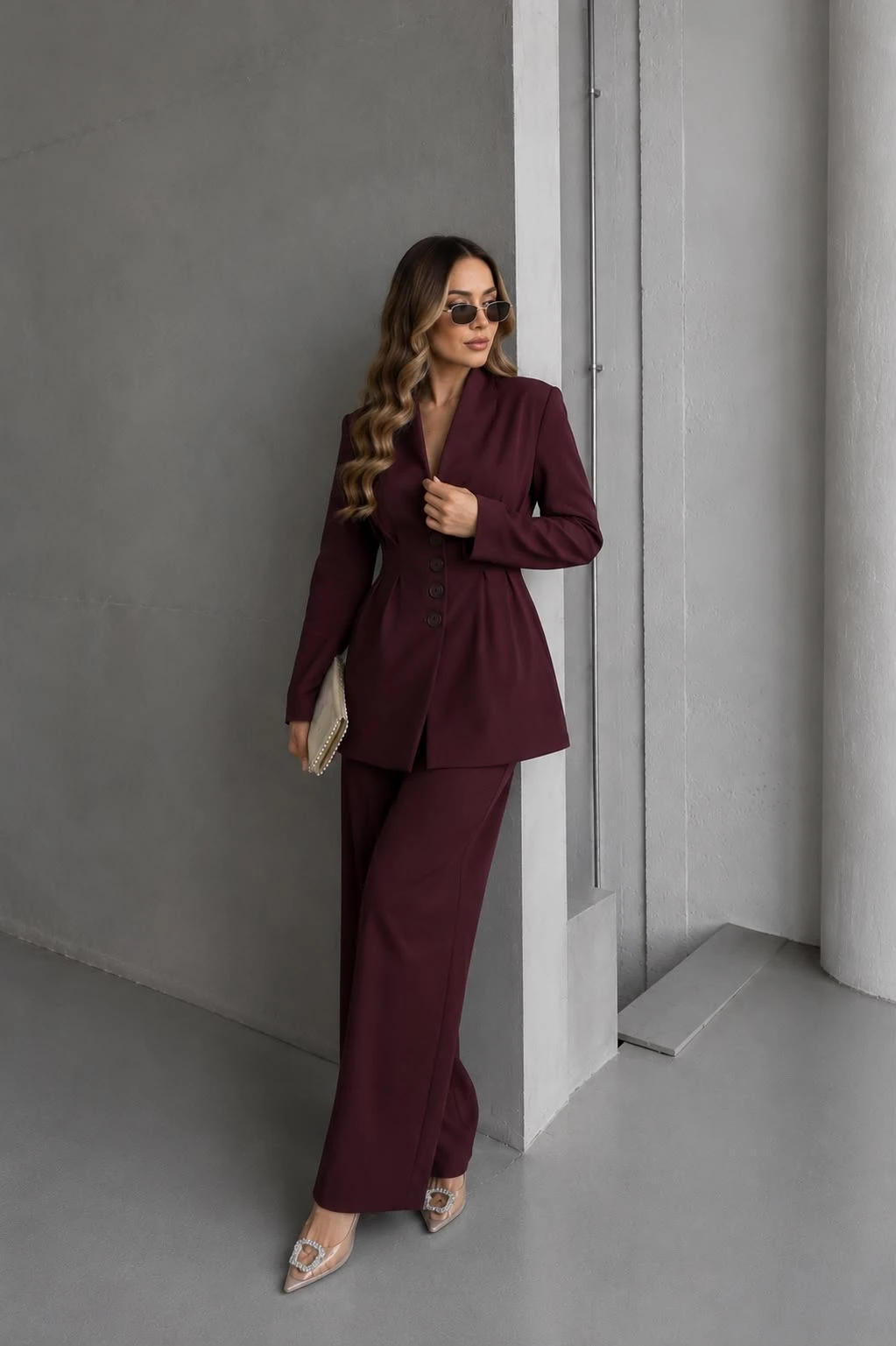 Belden Oturtmalı Blazer Ceketli Takım Mürdüm