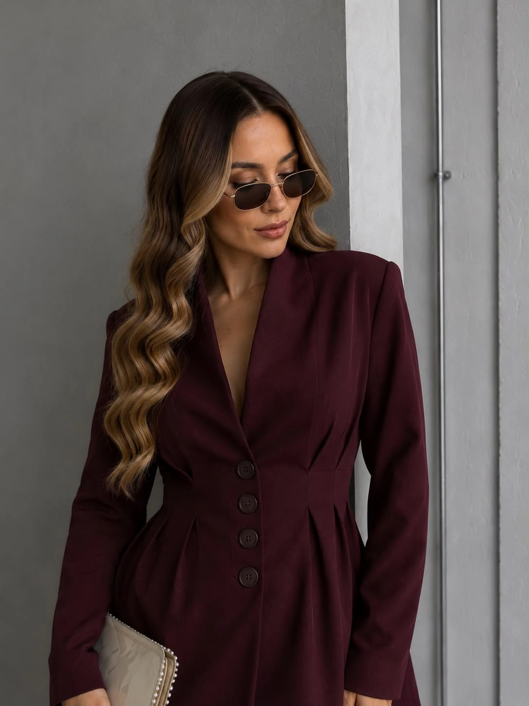 Belden Oturtmalı Blazer Ceketli Takım Mürdüm
