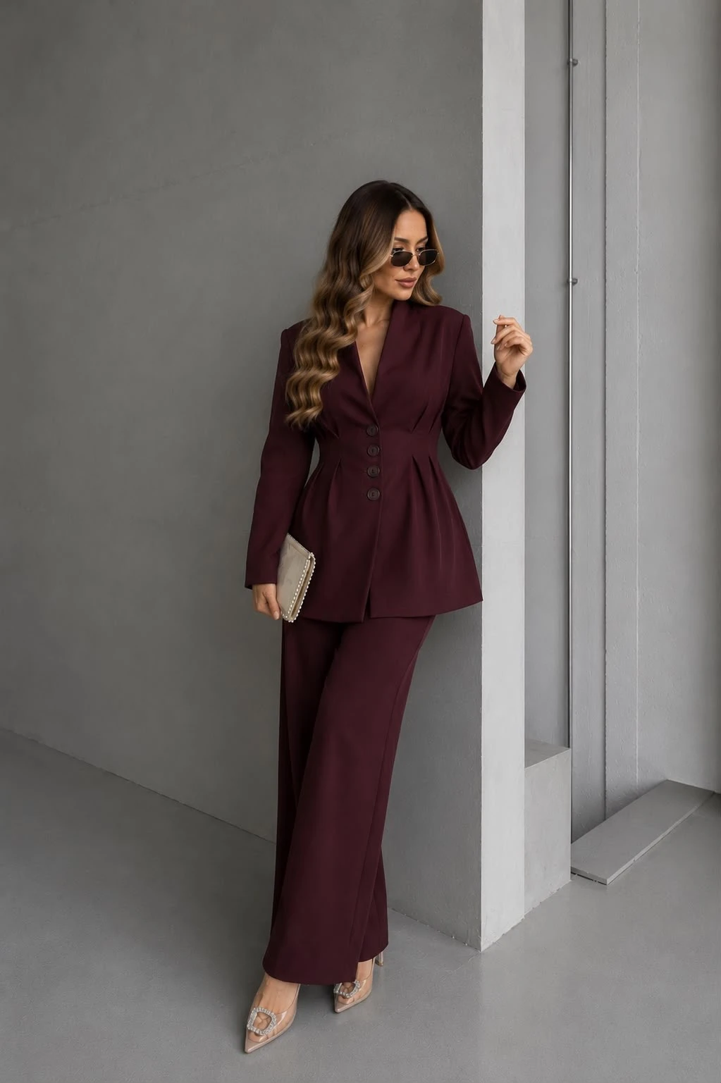 Belden Oturtmalı Blazer Ceketli Takım Mürdüm