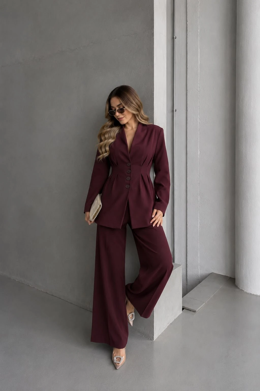 Belden Oturtmalı Blazer Ceketli Takım Mürdüm
