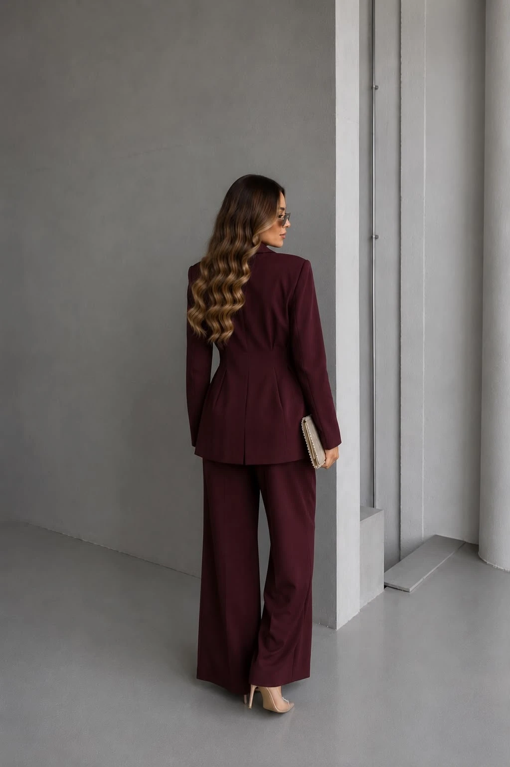 Belden Oturtmalı Blazer Ceketli Takım Mürdüm